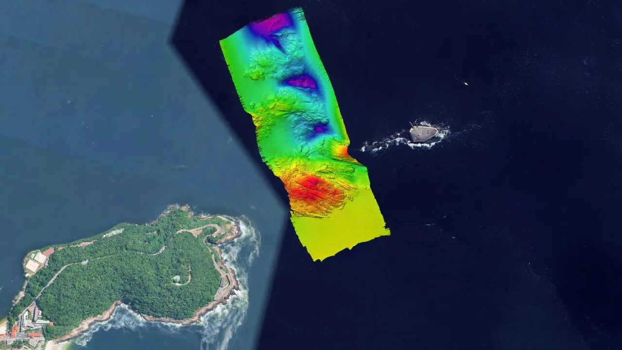 Superfície batimétrica de levantamento multifeixe na Baía de Guanabara, com cores por profundidade, sobreposta a imagem de satélite.